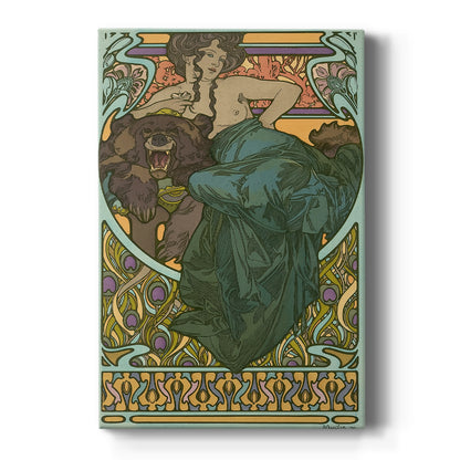 Canvas art print featuring an Art Nouveau illustration of a reclining woman on a bearskin with soft decorative tones on a clean white background.