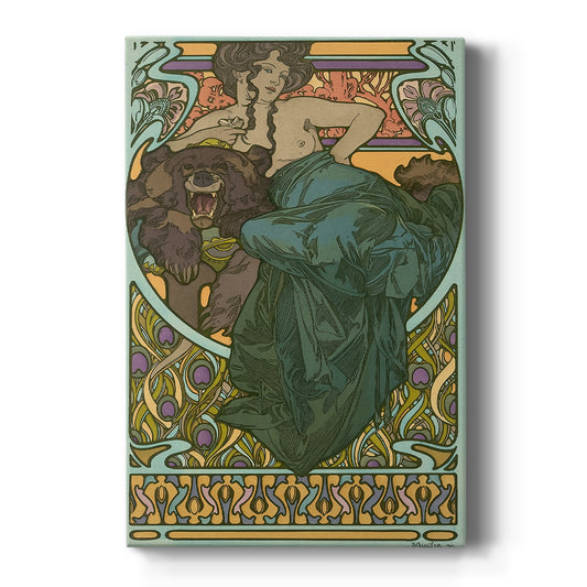Canvas art print featuring an Art Nouveau illustration of a reclining woman on a bearskin with soft decorative tones on a clean white background.