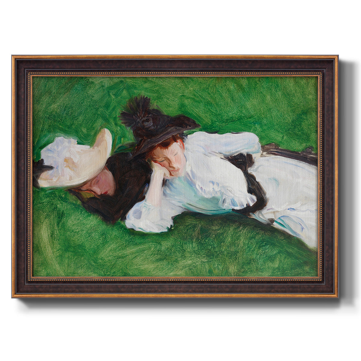 Impressionist outdoor portrait of two girls by John Singer Sargent printed on canvas in an ornate bronzed mahogany wood frame.