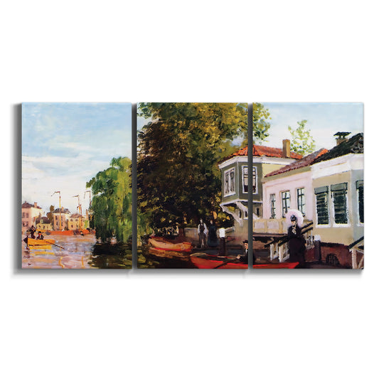 Three-panel canvas wall art featuring riverside houses along canal on white background.