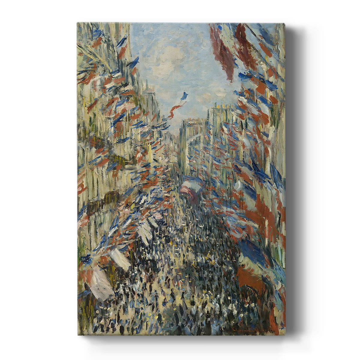 Canvas art print featuring an impressionist street scene with flags and crowds celebrating outdoors on a clean white background.