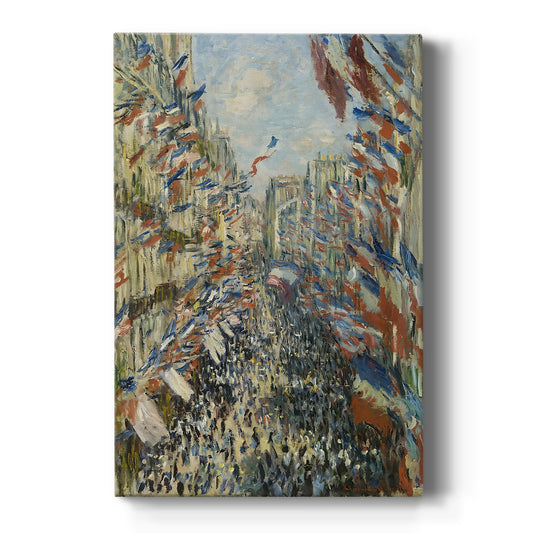 Canvas art print featuring an impressionist street scene with flags and crowds celebrating outdoors on a clean white background.