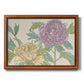 Contemporary peony flower illustration printed on canvas in an ornate vintage burl wood frame.