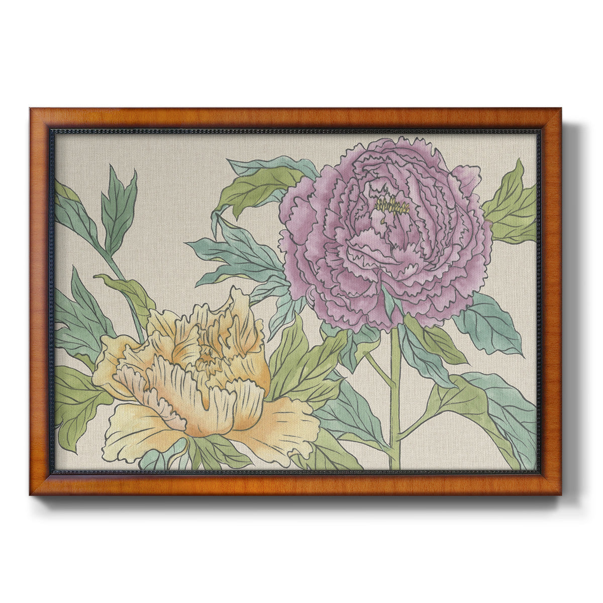 Contemporary peony flower illustration printed on canvas in an ornate vintage burl wood frame.