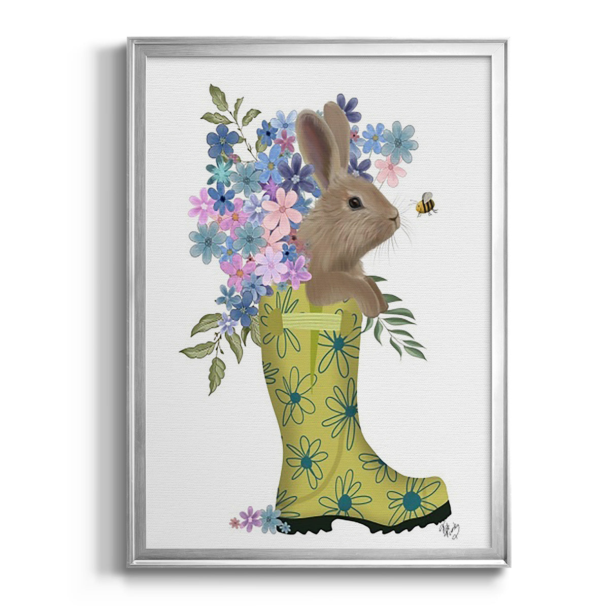 Welly Bunny And Bee - Modern Framed Canvas Print