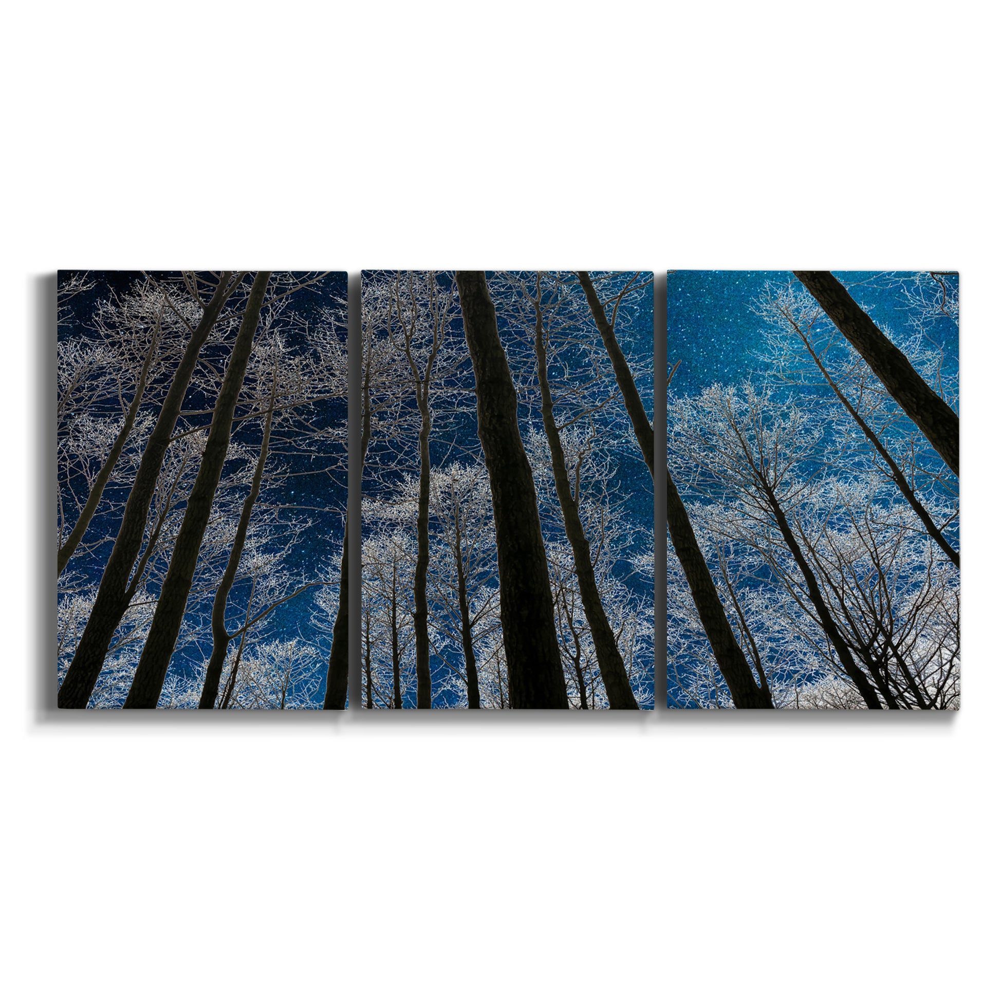 Three-panel canvas wall art featuring night landscape silhouette photography on white background.