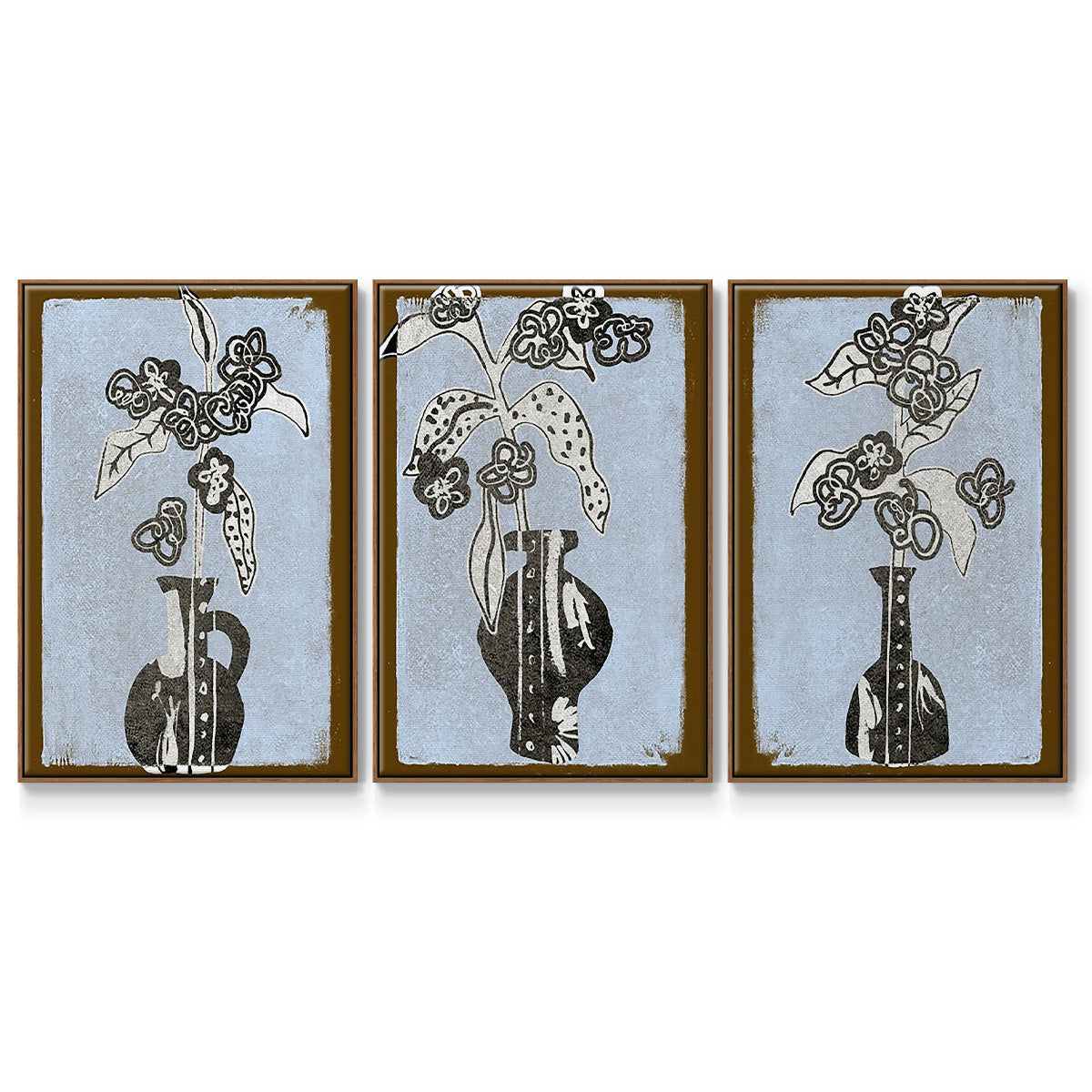 Graphic Flowers in Vase I - Framed Premium Gallery Wrapped Canvas L Frame 3 Piece Set - Ready to Hang