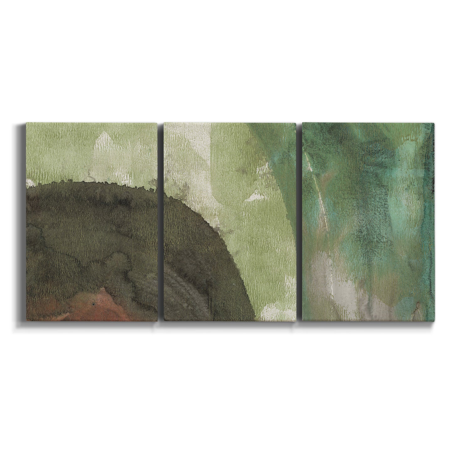 Three-panel canvas wall art featuring layered green abstract composition on white background.