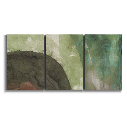 Three-panel canvas wall art featuring layered green abstract composition on white background.