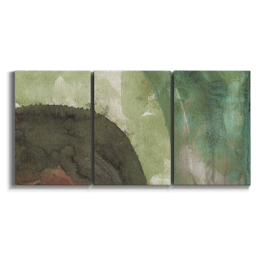 Three-panel canvas wall art featuring layered green abstract composition on white background.