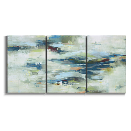 Three-panel canvas wall art featuring dreamlike abstract drifting motion on white background.