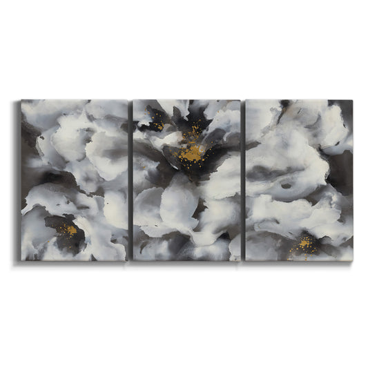 Three-panel canvas wall art featuring black and white peony floral study on white background.