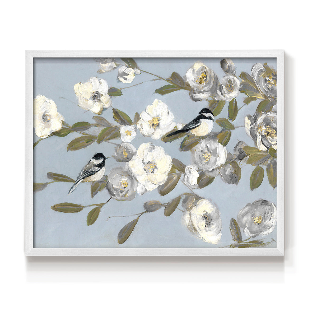Chickadees and Blossoms I - Restickable Framed Art Print