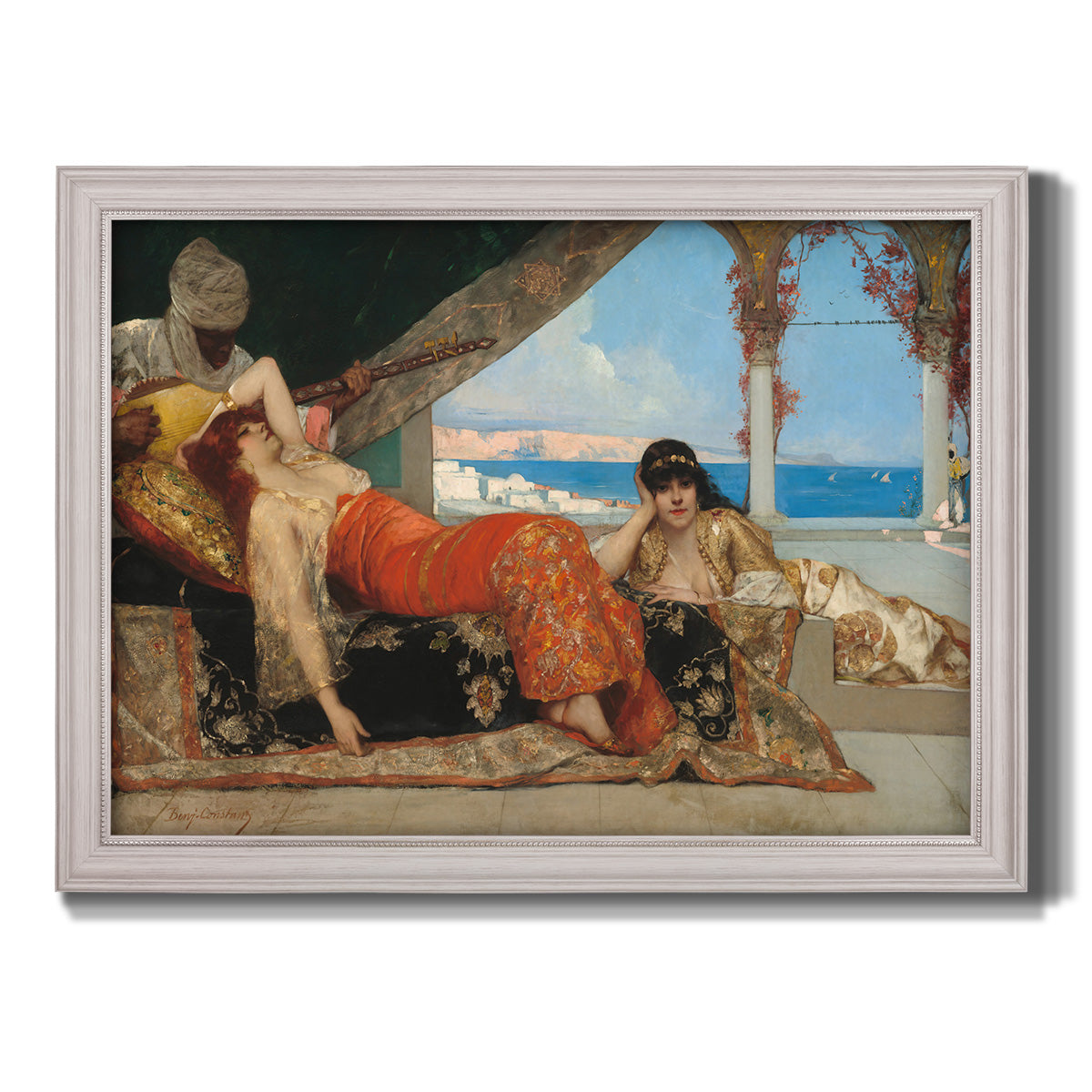 Orientalist portrait scene by Jean-Joseph Benjamin-Constant printed on canvas in an ornate weathered white frame.