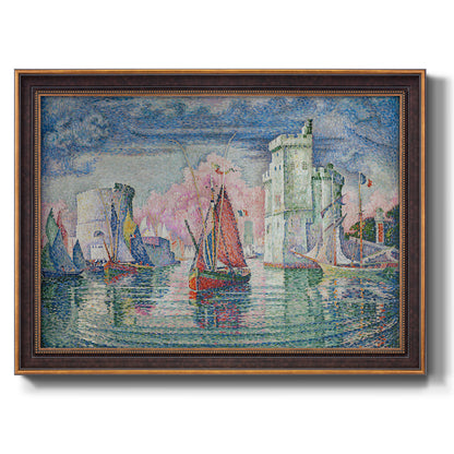 Impressionist harbor scene by Paul Signac printed on canvas in an ornate bronzed mahogany wood frame.