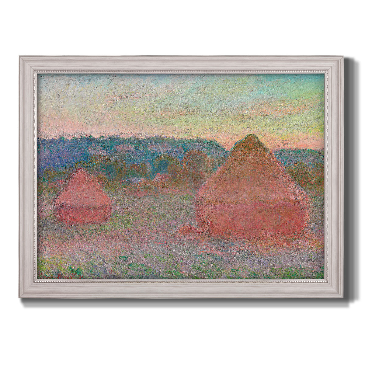 Impressionist haystack series landscape by Claude Monet printed on canvas in an ornate weathered white frame.