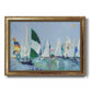Coastal harbor watercolor painting printed on canvas in an ornate vintage gold frame.
