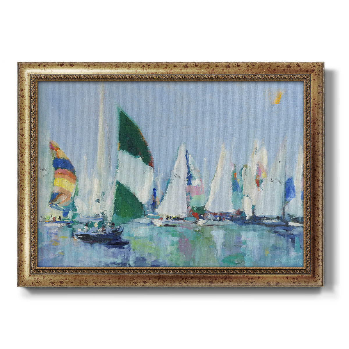 Coastal harbor watercolor painting printed on canvas in an ornate vintage gold frame.