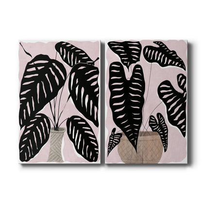 Set of two vertical canvas prints featuring modern potted plant botanical illustration, displayed side by side.