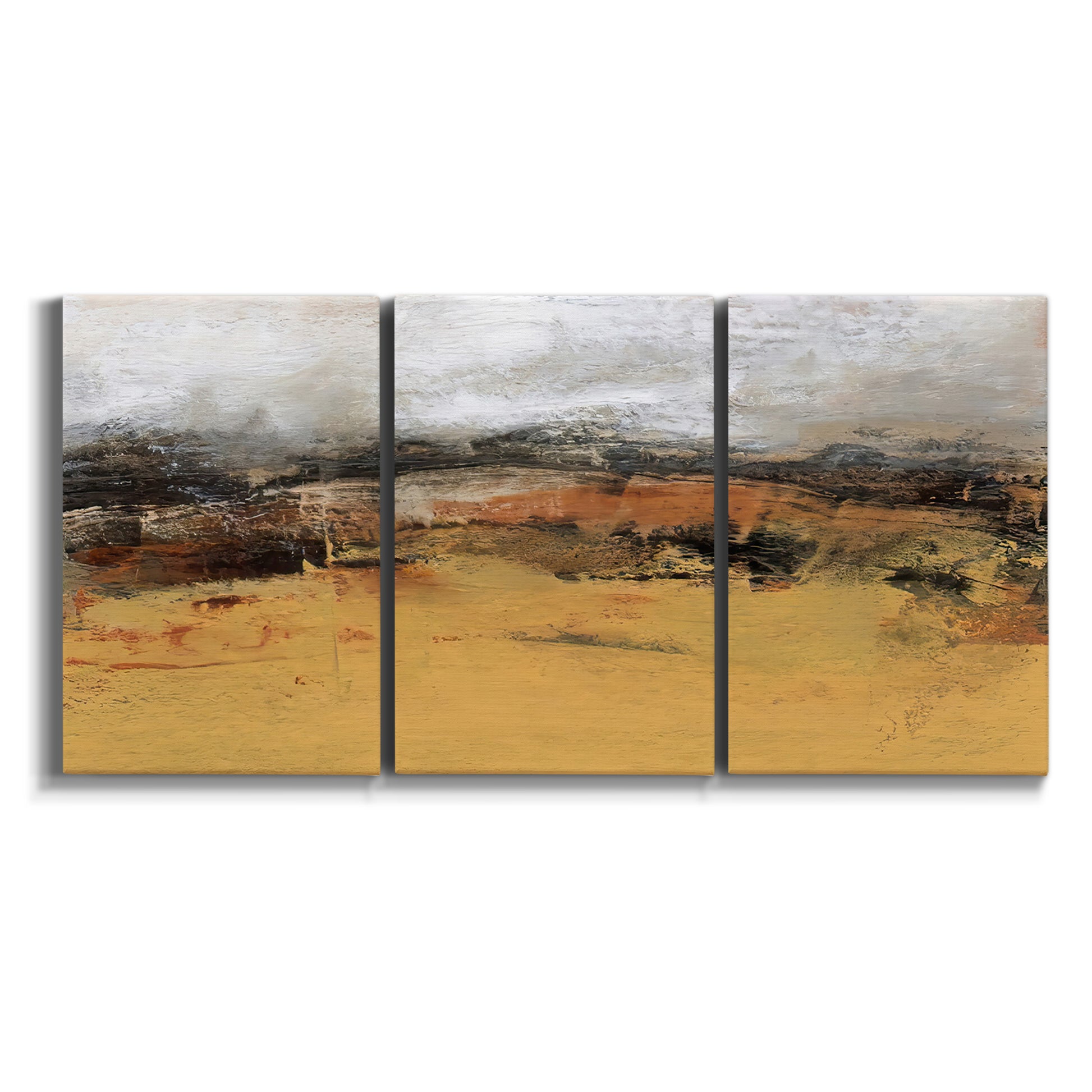 Three-panel canvas wall art featuring abstract bridge landscape in ochre on white background.