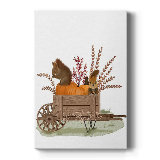 Squirrels In Pumpkin Wheelbarrow - Canvas Art Print