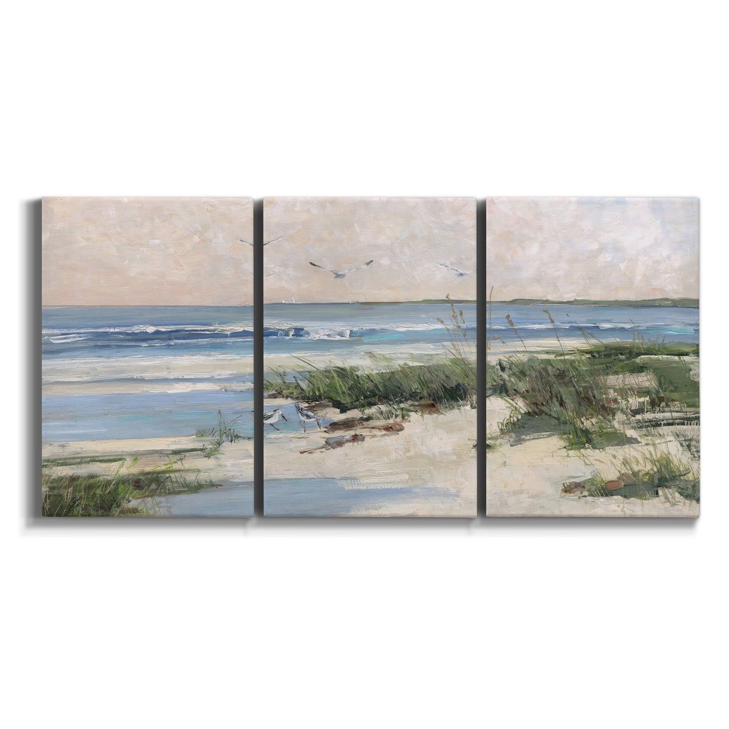 Three-panel canvas wall art featuring soft morning light over calm sea on white background.