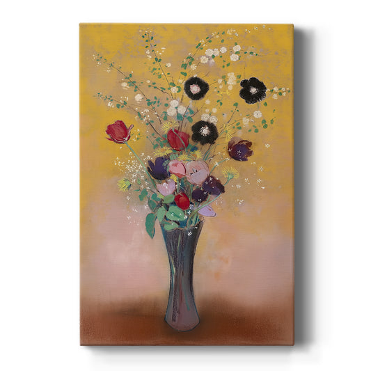 Canvas art print featuring a symbolic still life of flowers in a vase with soft blended color on a clean white background.
