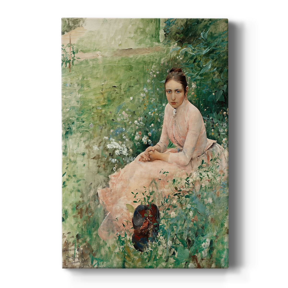 Canvas art print featuring an impressionist portrait of a woman seated outdoors in a natural setting on a clean white background.