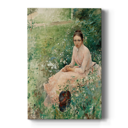 Canvas art print featuring an impressionist portrait of a woman seated outdoors in a natural setting on a clean white background.