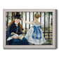 Impressionist urban scene near a railway by Édouard Manet printed on canvas in an ornate weathered white frame.