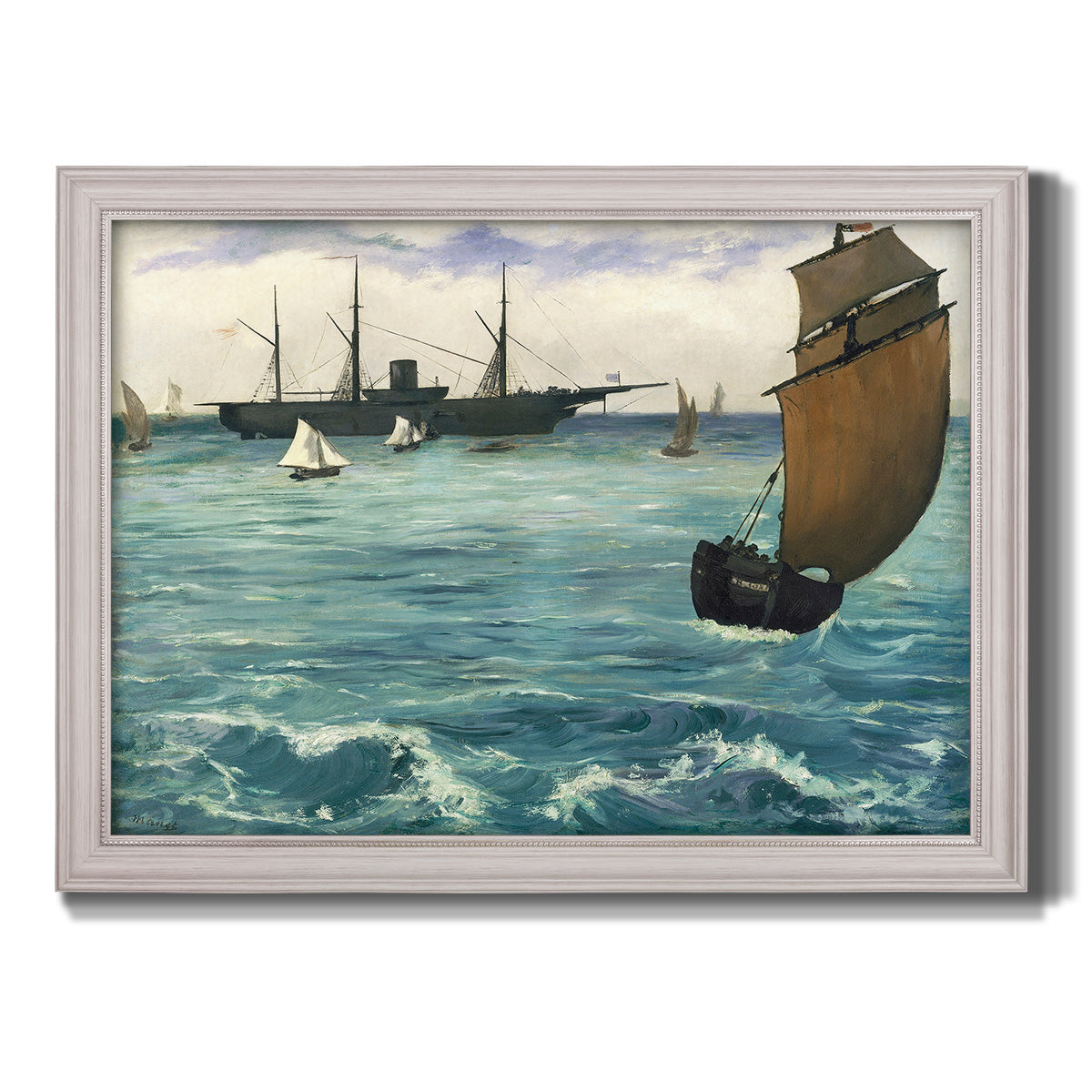 Impressionist naval seascape with the Kearsarge by Édouard Manet printed on canvas in an ornate weathered white frame.