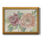 Modern peony floral drawing printed on canvas in an ornate antique gold frame.