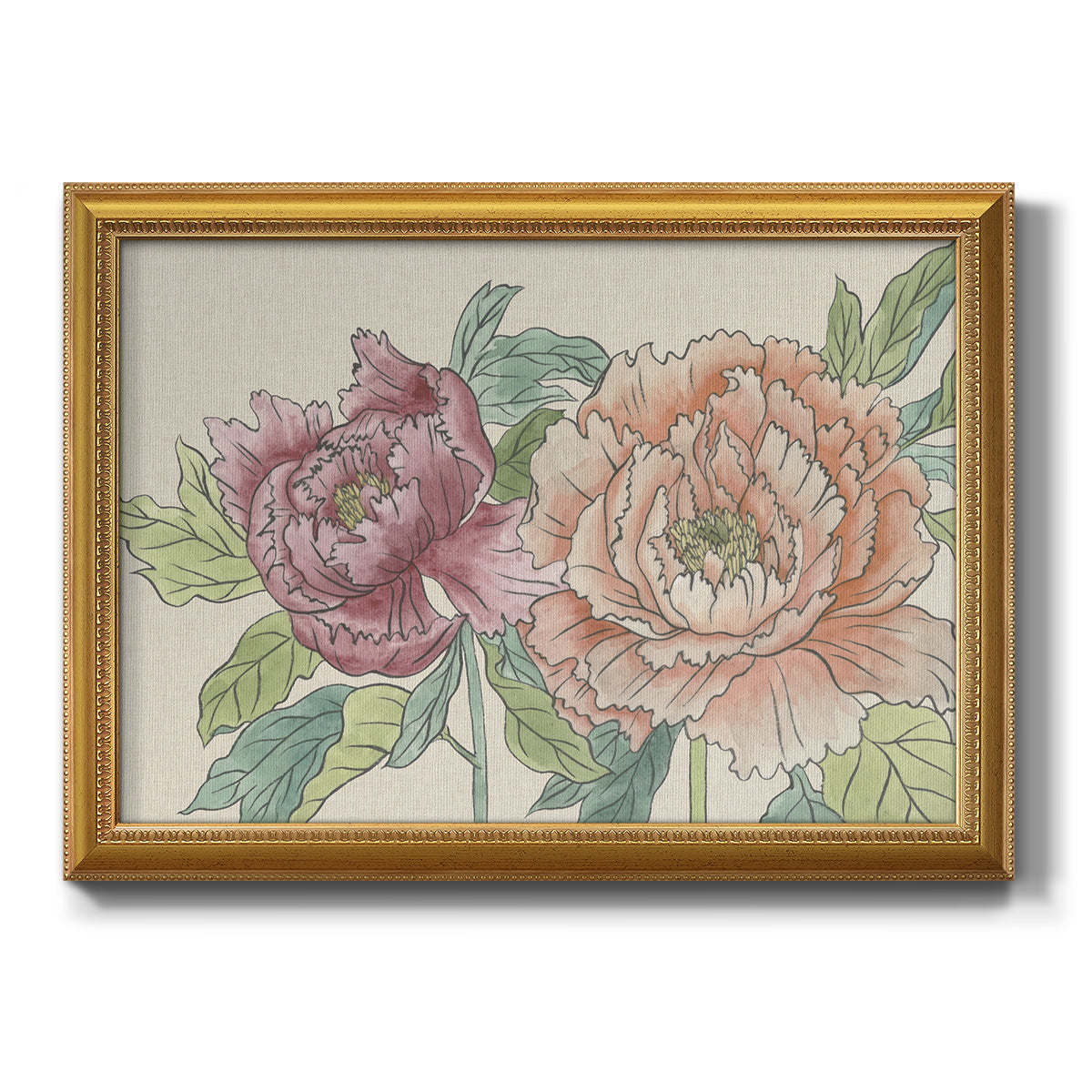 Modern peony floral drawing printed on canvas in an ornate antique gold frame.
