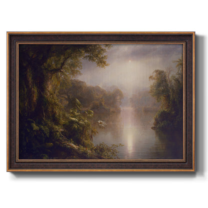 Luminous romantic landscape painting by Frederic Edwin Church printed on canvas in an ornate bronzed mahogany wood frame.