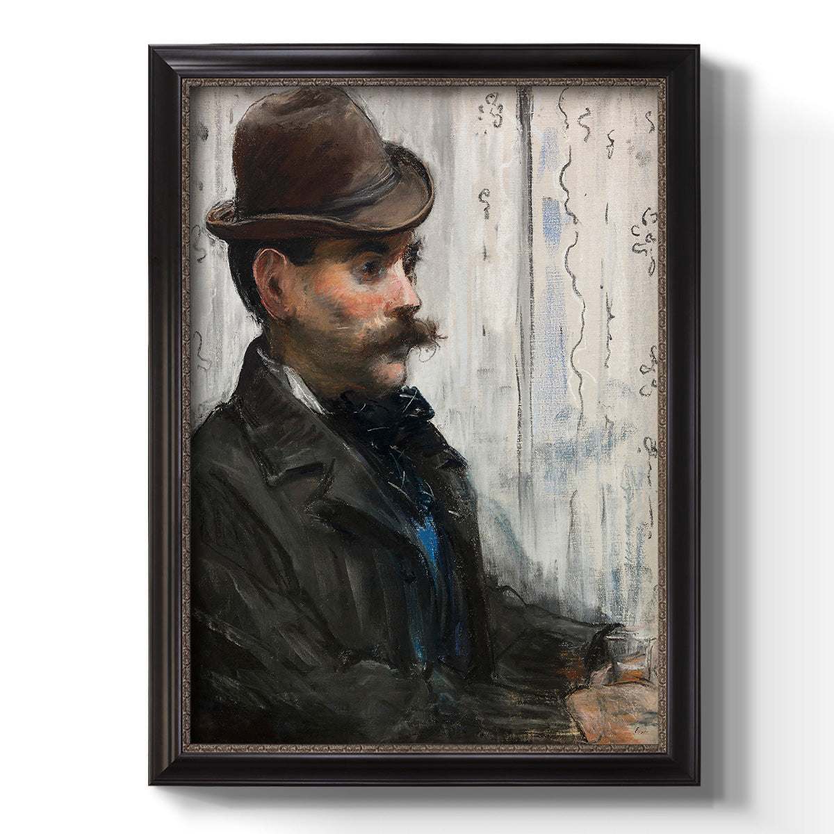 Impressionist portrait of a seated man by Édouard Manet printed on canvas in an ornate bronzed mahogany wood frame with a vertical orientation.