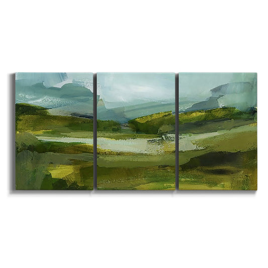 Three-panel canvas wall art featuring rolling green hills landscape view on white background.