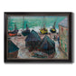 Impressionist coastal beach scene with boats by Claude Monet printed on canvas in an ornate black frame with gilded inner detail.
