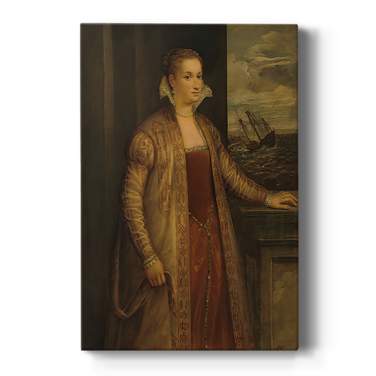 Canvas art print featuring a Renaissance portrait of a young woman with soft tones and simple background on a clean white background.