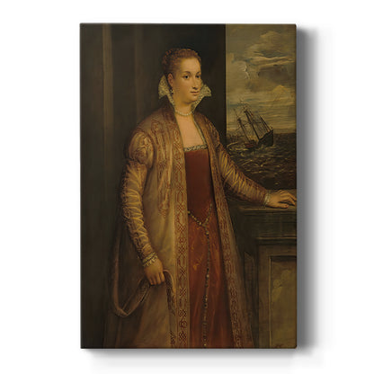 Canvas art print featuring a Renaissance portrait of a young woman with soft tones and simple background on a clean white background.