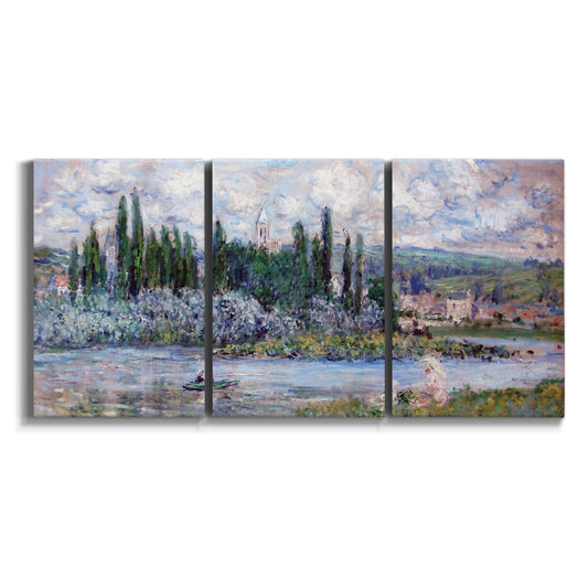 Three-panel canvas wall art featuring summer village view along river on white background.