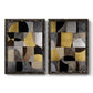 Set of two black barnwood framed canvas prints featuring two structured modern abstracts featuring interlocking black gray cream and gold geometric sections.