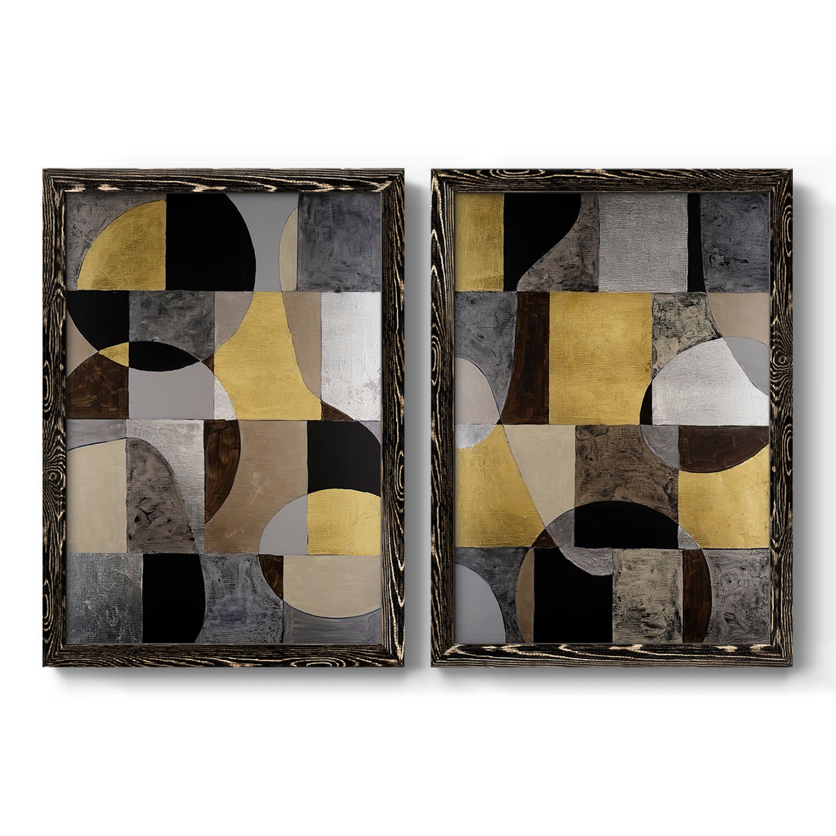 Set of two black barnwood framed canvas prints featuring two structured modern abstracts featuring interlocking black gray cream and gold geometric sections.