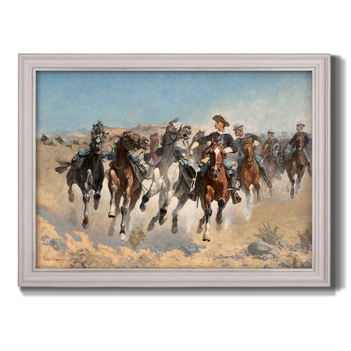 Impressionist western action scene by Frederic Remington printed on canvas in an ornate weathered white frame.