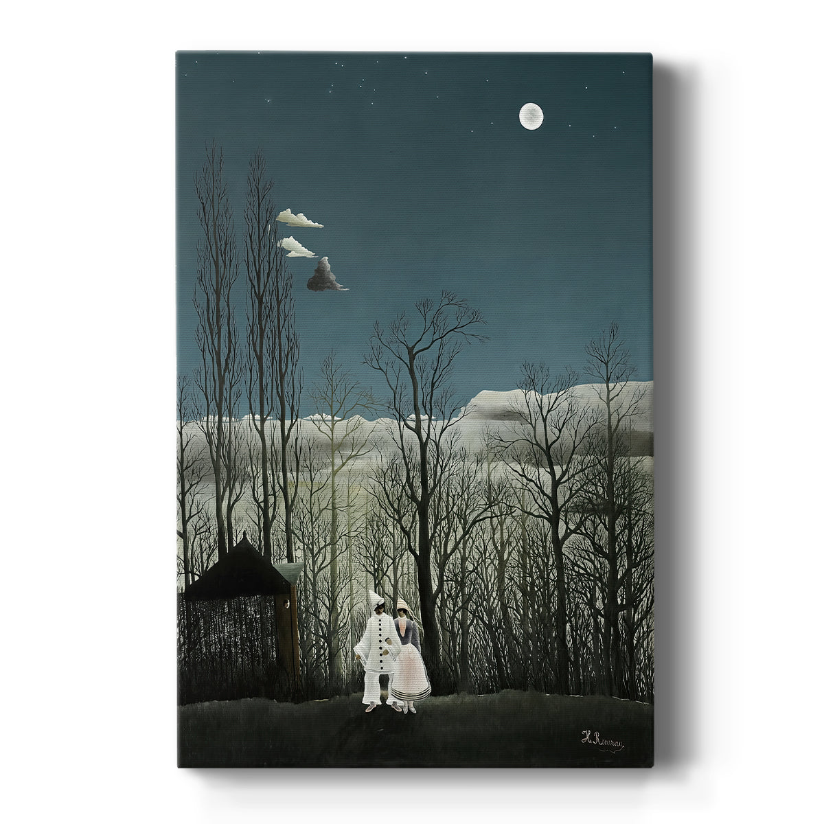 Canvas art print featuring a dreamlike naïve-style scene of masked figures in a moonlit forest clearing on a clean white background.