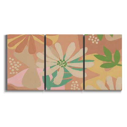 Three-panel canvas wall art featuring neutral toned botanical floral silhouettes on white background.