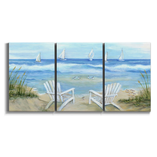 Three-panel canvas wall art featuring peaceful coastal landscape escape on white background.