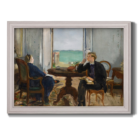 Impressionist interior scene by Édouard Manet printed on canvas in an ornate weathered white frame.