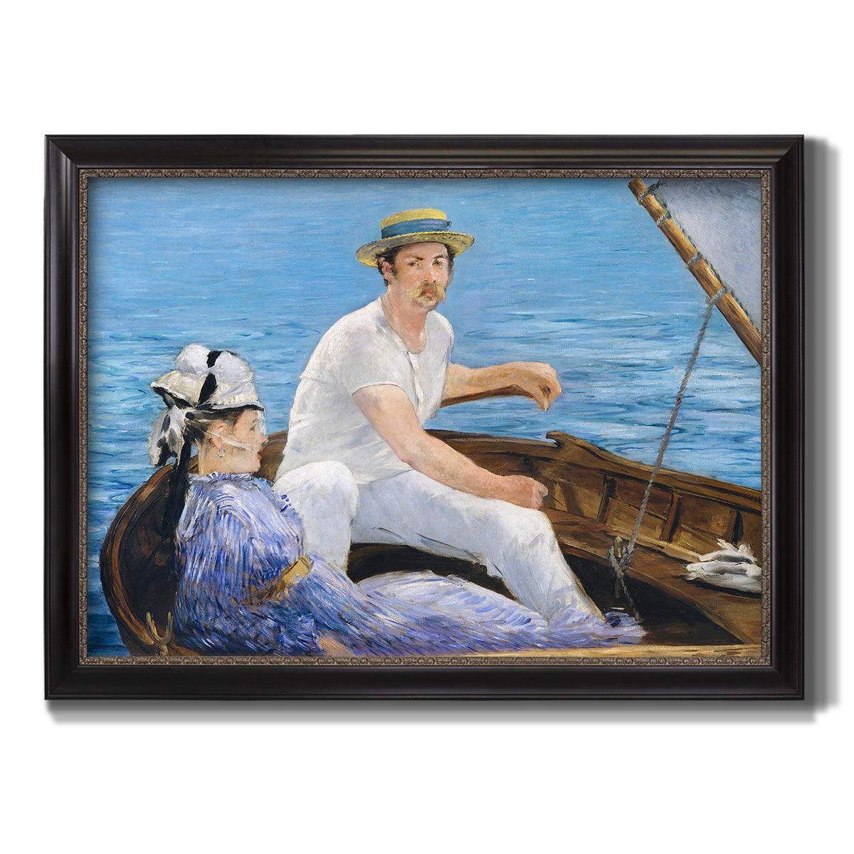 Impressionist leisure boating scene by Édouard Manet printed on canvas in an ornate black frame with gilded inner detail.