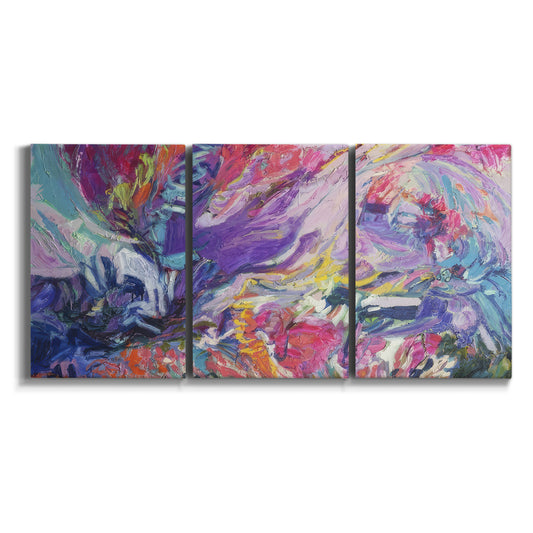 Three-panel canvas wall art featuring expressive abstract with layered color on white background.