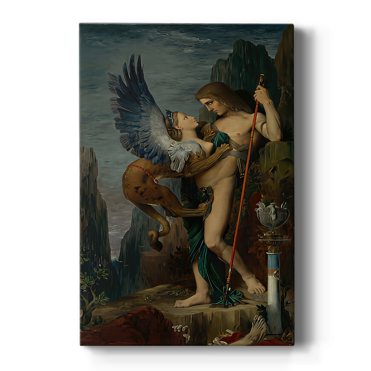 Canvas art print featuring a symbolic scene of a man confronting a sphinx in a dramatic setting on a clean white background.
